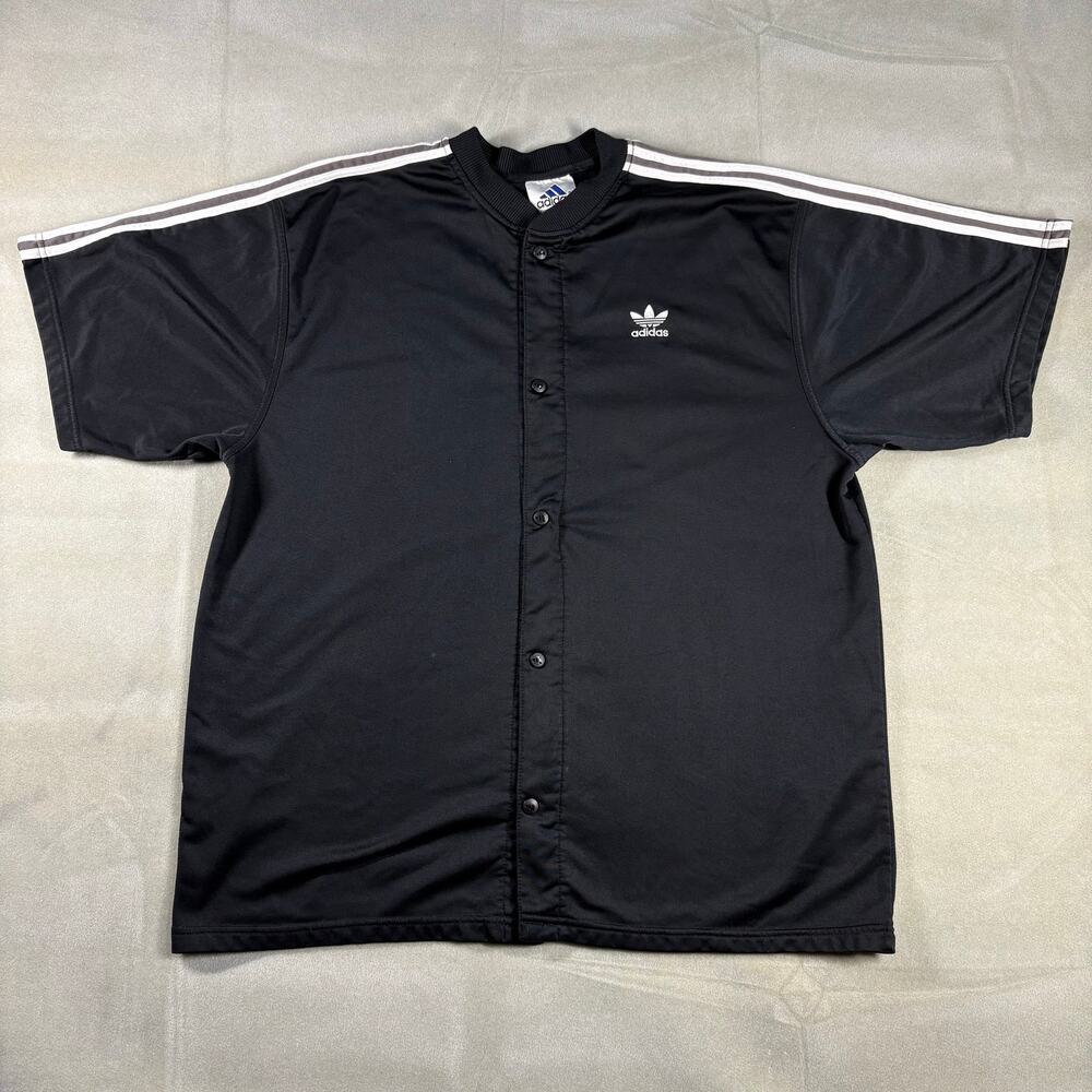 Adidas Trefoil Button Up Jersey Shirt Mens XL Black 3 Stripe Baseball Style